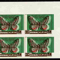 Dubai 1963 Centenary of red Cross 4np Moth imperforate corner block of 4 with spectacular misplacement of colours unmounted mint as SG 29