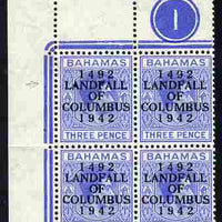 Bahamas 1942 KG6 Landfall of Columbus opt on 3d blue NW Plate No.1 corner block of 4 with dot in N variety (R1/2) unmounted mint SG 167var