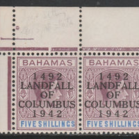 Bahamas 1942 KG6 Landfall of Columbus opt on 5s lilac & blue NW corner pair with dot in N variety (R1/2) unmounted mint SG 174var