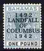 Bahamas 1942 KG6 Landfall of Columbus opt on £1 green & black single with dot in N variety (R1/2) mounted mint SG 175var