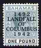 Bahamas 1942 KG6 Landfall of Columbus opt on £1 green & black single with dot in N variety (R1/2) mounted mint SG 175var