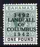 Bahamas 1942 KG6 Landfall of Columbus opt on £1 green & black single with dot in 9 & 2 variety (R1/4) mounted mint SG 175var