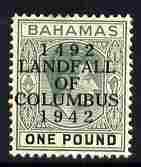 Bahamas 1942 KG6 Landfall of Columbus opt on £1 green & black single with flaw between A & L on R2/3 mounted mint SG 175var