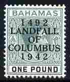 Bahamas 1942 KG6 Landfall of Columbus opt on £1 green & black single with broken F variety on R2/4 mounted mint SG 175var