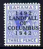 Bahamas 1942 KG6 Landfall of Columbus opt on 3d blue single with dot in U variety on R3/2 mounted mint SG 167var