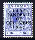Bahamas 1942 KG6 Landfall of Columbus opt on 3d blue single with dot in U variety on R3/2 mounted mint SG 167var