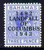 Bahamas 1942 KG6 Landfall of Columbus opt on 3d blue single with dot in U variety on R3/2 mounted mint SG 167var