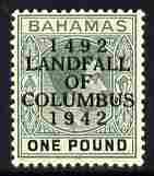 Bahamas 1942 KG6 Landfall of Columbus opt on £1 green & black single with dot in U variety on R3/2 mounted mint SG 175var