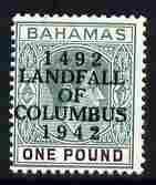 Bahamas 1942 KG6 Landfall of Columbus opt on £1 green & black single with dot in S variety on R5/5 mounted mint SG 175var