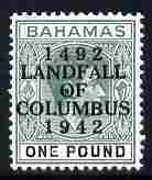Bahamas 1942 KG6 Landfall of Columbus opt on £1 green & black single with dot in O (of) variety on R6/5 mounted mint SG 175var