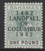 Bahamas 1942 KG6 Landfall of Columbus opt on £1 green & black single with dot in S variety on R8/2 mounted mint SG 175var