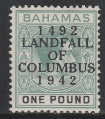 Bahamas 1942 KG6 Landfall of Columbus opt on £1 green & black single with dot in S variety on R8/2 mounted mint SG 175var