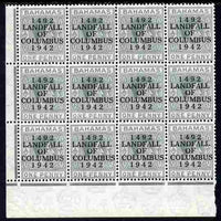 Bahamas 1942 KG6 Landfall of Columbus 1d pale slate SW corner block of 12 from right pane with short N variety (R8/4) & Break in Oval on R10/4 plus overprint varieties unmounted mint SG 163var