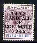 Bahamas 1942 KG6 Landfall of Columbus opt on 5s lilac & blue single with enlarged V variety on R10/2 mounted mint SG 174var