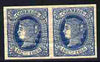 Spain 1866 Queen Isabella 10c blue imperf proof pair (design as SG Type 18) with cracked gum