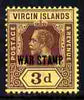 British Virgin Islands 1916-19 KG5 3d purple on yellow opt'd WAR TAX unmounted mint SG 79