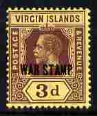 British Virgin Islands 1916-19 KG5 3d purple on yellow opt'd WAR TAX unmounted mint SG 79