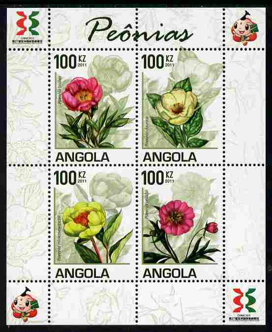 Angola 2011 Flowers - Peonies perf sheetlet containing set of 4 with Asian Stamp Exhibition logo in margin unmounted mint