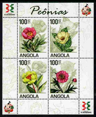 Angola 2011 Flowers - Peonies perf sheetlet containing set of 4 with Asian Stamp Exhibition logo in margin unmounted mint