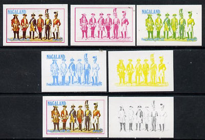 Nagaland 1977 French Militia 1c set of 7 imperf progressive colour proofs comprising the 4 individual colours plus 2, 3 and all 4-colour composites unmounted mint
