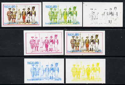 Nagaland 1977 French Militia 4c set of 7 imperf progressive colour proofs comprising the 4 individual colours plus 2, 3 and all 4-colour composites unmounted mint