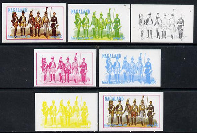 Nagaland 1977 French Militia 15c set of 7 imperf progressive colour proofs comprising the 4 individual colours plus 2, 3 and all 4-colour composites unmounted mint