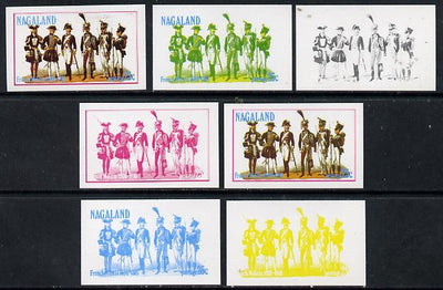 Nagaland 1977 French Militia 25c set of 7 imperf progressive colour proofs comprising the 4 individual colours plus 2, 3 and all 4-colour composites unmounted mint