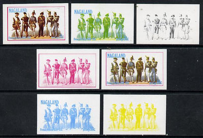 Nagaland 1977 French Militia 50c set of 7 imperf progressive colour proofs comprising the 4 individual colours plus 2, 3 and all 4-colour composites unmounted mint
