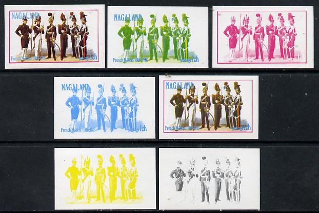 Nagaland 1977 French Militia 1ch set of 7 imperf progressive colour proofs comprising the 4 individual colours plus 2, 3 and all 4-colour composites unmounted mint