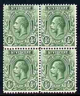 St Vincent 1913-17 KG5 1/2d green watermarked MCA block of 4 unmounted mint SG 108