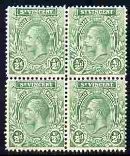 St Vincent 1913-17 KG5 1/2d pale yellow-green (unlisted shade) watermarked MCA block of 4 unmounted mint as SG 108