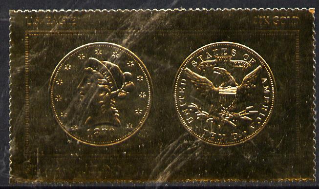 Staffa 1980 US Coins (1870 Eagle $10 coin both sides) on £8 perf label embossed in 22 carat gold foil (Rosen 896) unmounted mint