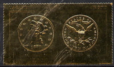 Staffa 1980 US Coins (1870 Eagle $10 coin both sides) on £8 perf label embossed in 22 carat gold foil (Rosen 896) unmounted mint