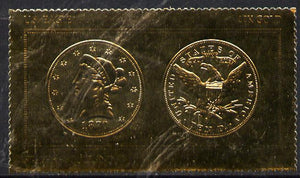 Staffa 1980 US Coins (1870 Eagle $10 coin both sides) on £8 perf label embossed in 22 carat gold foil (Rosen 896) unmounted mint