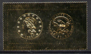 Staffa 1980 US Coins (1822 Half Eagle $5 coin both sides) on £8 perf label embossed in 22 carat gold foil (Rosen 891) unmounted mint
