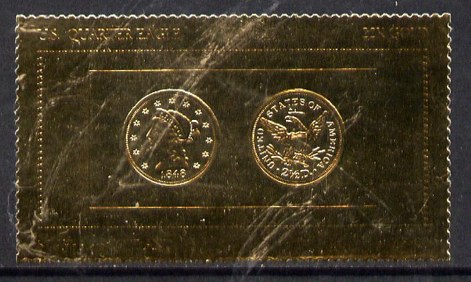 Staffa 1980 US Coins (1848 Quarter Eagle $2.5 coin both sides) on £8 perf label embossed in 22 carat gold foil (Rosen 894) unmounted mint