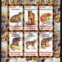 Congo 2011 Wild Cats perf sheetlet containing 6 values fine cto used