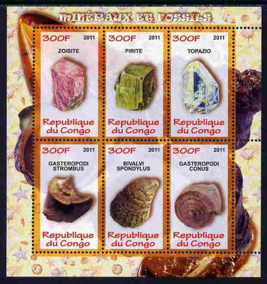 Congo 2011 Minerals & Fossils perf sheetlet containing 6 values unmounted mint