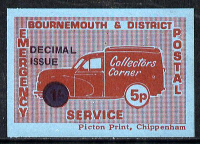 Cinderella - Great Britain 1971 Bournemouth & District Emergency Postal Service 'Collectors Corner Morris Van',5p in red on blue paper opt'd 'Decimal Issue' unmounted mint block of 4