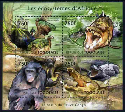 Togo 2011 Ecosystem of Africa - Animals of the River Congo perf sheetlet containing 4 values unmounted mint