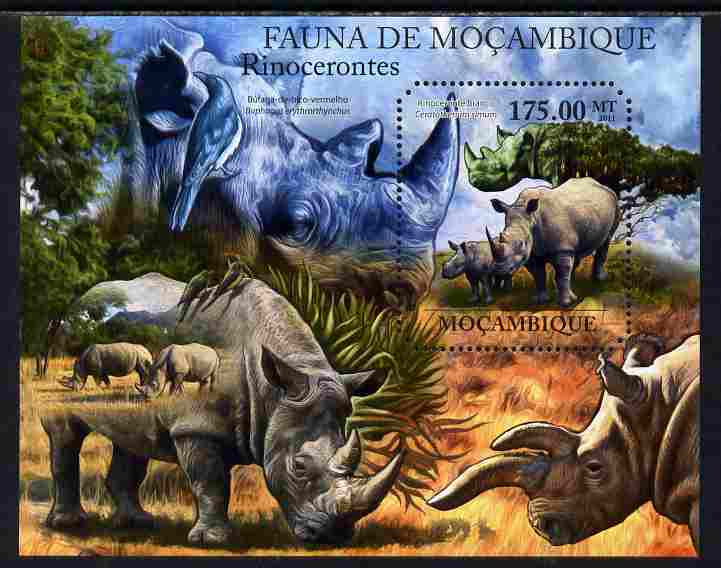 Mozambique 2011 Rhinos perf s/sheet containing octagonal shaped value unmounted mint