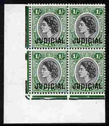 Jamaica 1953 QEII Postage & Revenue 1s black & green SW corner block of 4 oval key plate by De La Rue overprinted JUDICIAL, stamps unmounted mint,(ex M N Oliver collection)
