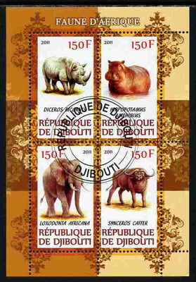 Djibouti 2011 African Fauna - Hippos, Rhinos & Elephants perf sheetlet containing 4 values cto used