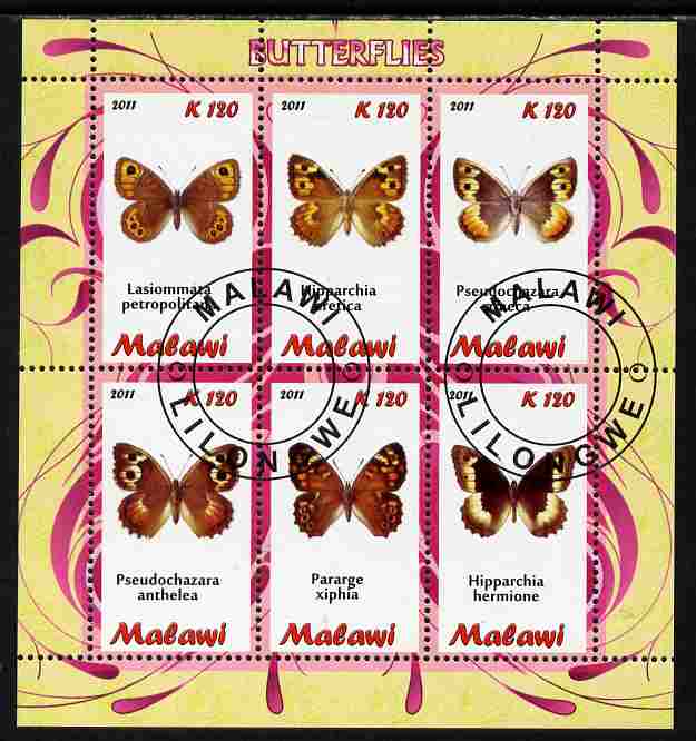 Malawi 2011 Butterflies #1 perf sheetlet containing 6 values cto used