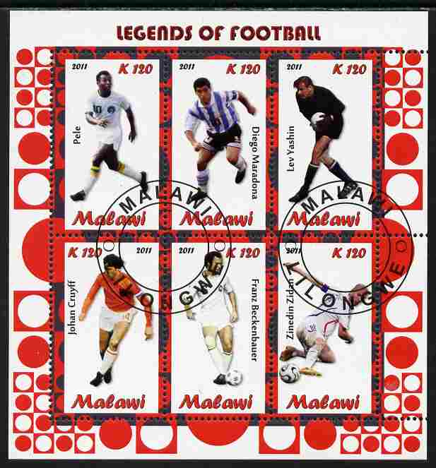 Malawi 2011 Legends of Football perf sheetlet containing 6 values cto used