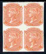 South Australia 1868-76 QV 2d brick-red imperf block of 4 on unwatermarked paper, unmounted mint as SG type 12 (SG 152)