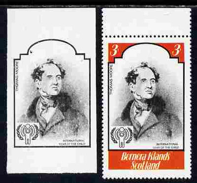 Bernera 1979 Int Year of the Child - Writers - Thomas Moore 3p imperf proof in black only complete with perf label as issued both unmounted mint