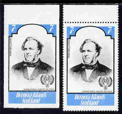 Bernera 1979 Int Year of the Child - Writers - Park Benjamin 7p imperf proof complete with perf label as issued both unmounted mint