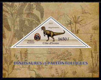 Ivory Coast 2012 Dinosaurs & Paleontologists perf s/sheet containing large triangular value unmounted mint