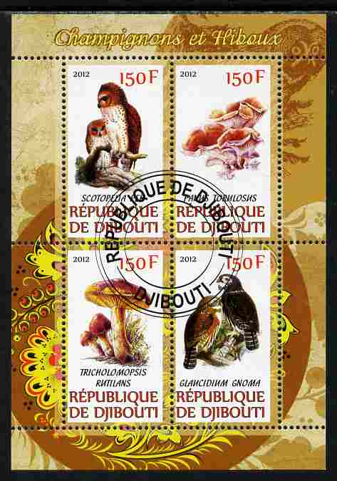 Djibouti 2012 Mushrooms & Owls #1 perf sheetlet containing 4 values cto used
